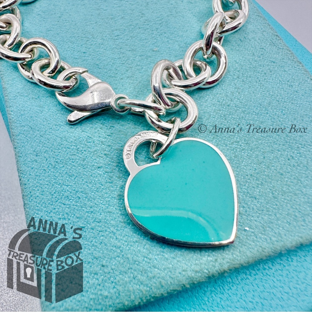 Return To Tiffany & Co. 925 Silver MED Blue Enamel RTT Heart 7" Bracelet (boxset - Picture 3 of 7